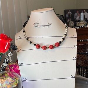 Cinnabar, Onyx, Genuine Freshwater Pearls Necklace
